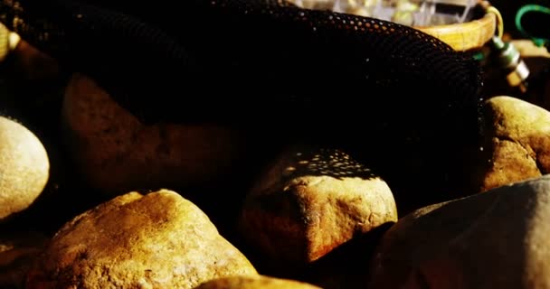 Риболовецька сітка та приманки на скелі — стокове відео