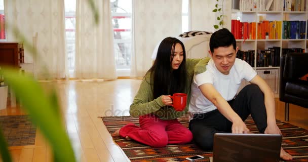 Pareja usando portátil en la sala de estar — Vídeos de Stock