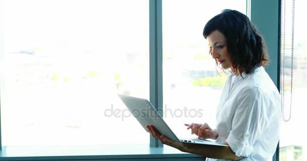 Manliga och kvinnliga chefer använder laptop nära fönstret — Stockvideo