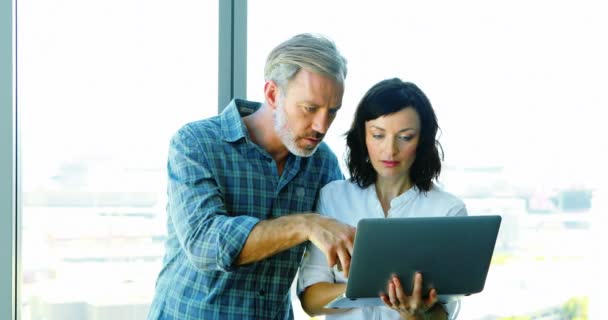 Ejecutivos masculinos y femeninos usando laptop cerca de la ventana — Vídeos de Stock