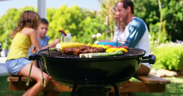 Grilling meat and vegetables on barbecue — Stock Video