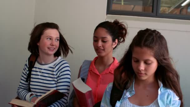 복도에서 서로 상호 작용 하는 여 학생 — 비디오
