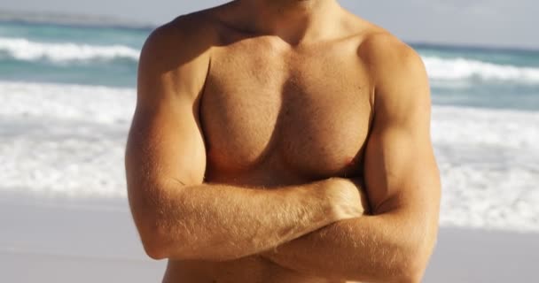 男性的冲浪者站立，双臂交叉在沙滩上的肖像 — 图库视频影像