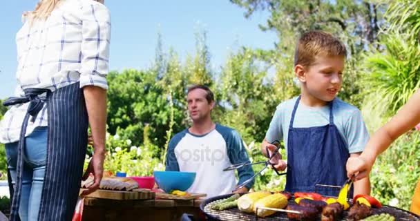 Kids grilling meat and vegetables on barbecue — Stock Video