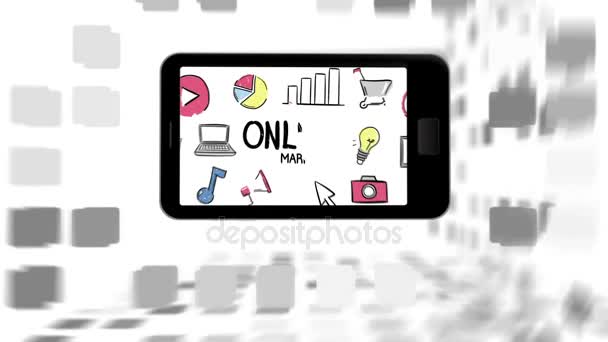 Графическая презентация с цифровым планшетом с онлайн-маркетингом и стратегическими знаками — стоковое видео