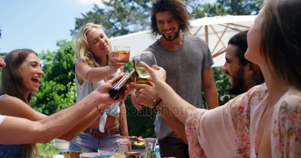 Skupina happy přátel opékání sklenice nápoje na venkovní posezení s grilováním — Stock video