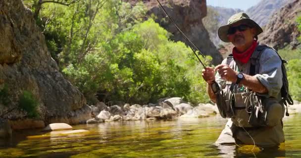 Pesca com mosca de pescador no rio — Vídeo de Stock