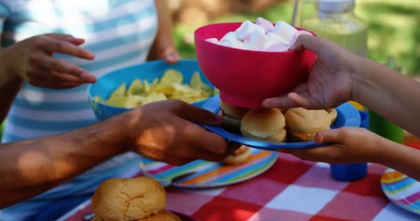 Família que passa refeição um ao outro no jardim de casa — Vídeo de Stock
