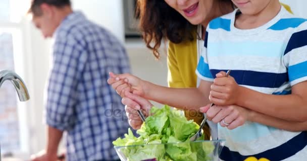 Anne ve oğlu salata karıştırma — Stok video