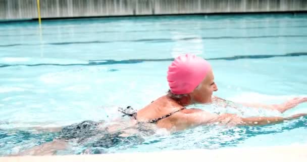 Mujer mayor nadando en la piscina — Vídeos de Stock