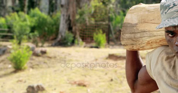 Homme portant une lourde bûche en bois — Video