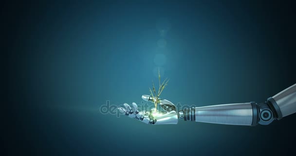 Robotic hand presenteren digitale groene plant — Stockvideo