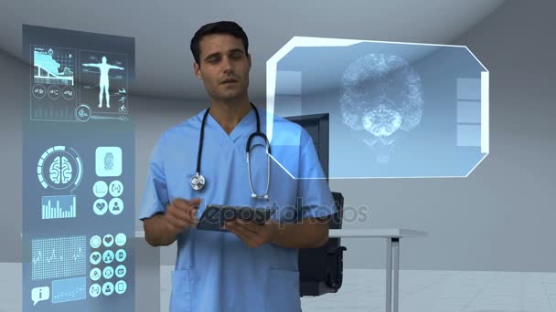 Doctor looking at medical icons on tablet — Stock Video