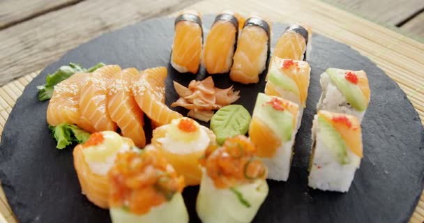 Sushi on tray with chopsticks — Stock Video