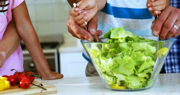 Γονείς και παιδιά προετοιμασία σαλάτα — Αρχείο Βίντεο