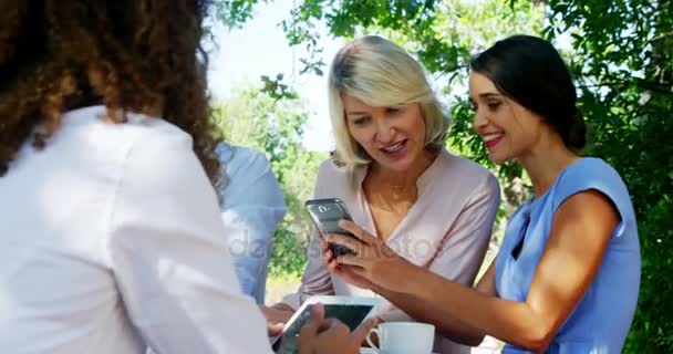 Vrienden bespreken via mobiele telefoon — Stockvideo