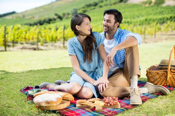 Allegro coppia seduta su picnic coperta — Foto Stock