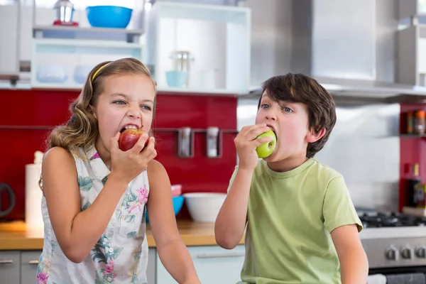 Irmãos comendo maçã na cozinha — Fotografia de Stock