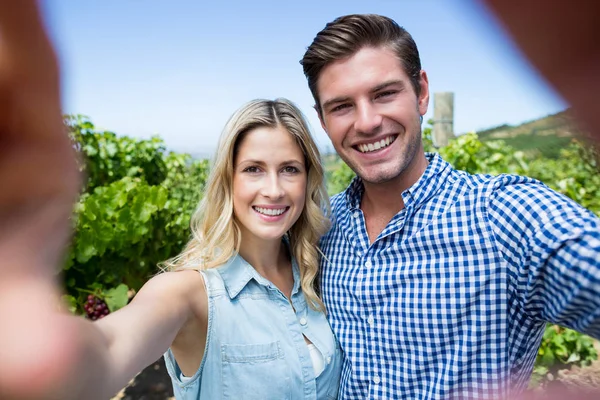 Smiling young couple at vineyard — Stock Photo, Image