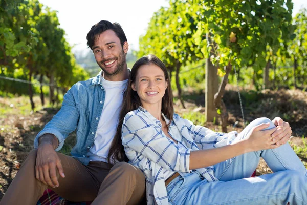 Casal feliz sentado na vinha — Fotografia de Stock