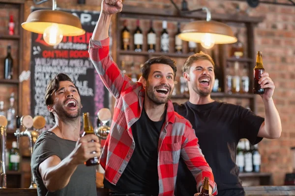 Amigos masculinos animando mientras sostiene botellas de cerveza —  Fotos de Stock