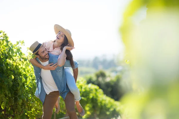 Par som åker snålskjuts på vingård — Stockfoto