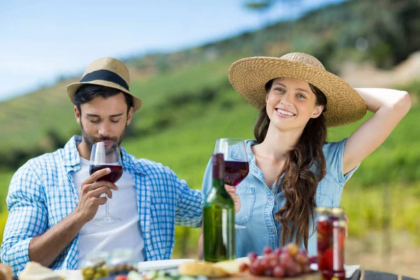 Donna con vino rosso seduta da amico maschio — Foto Stock