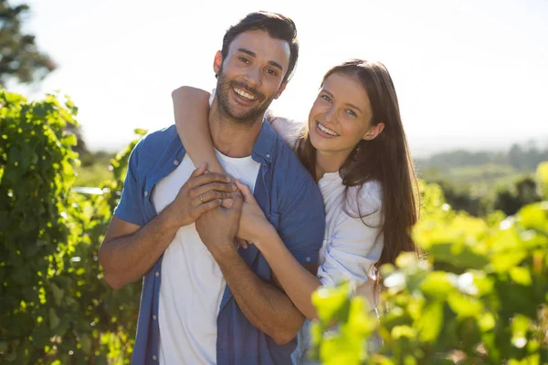 Cheerful couple embracing at vineyard — Stock Photo, Image