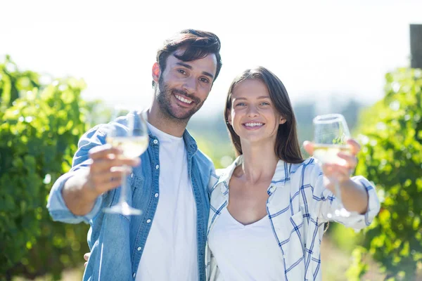 Χαμογελώντας wineglasses δείχνει ζευγάρι — Φωτογραφία Αρχείου