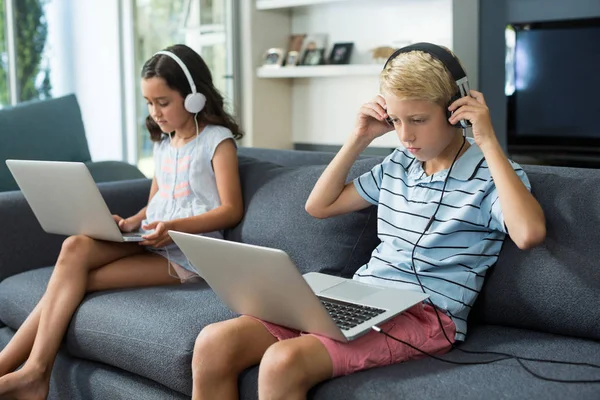 Fratelli che ascoltano musica mentre usano il computer portatile — Foto Stock