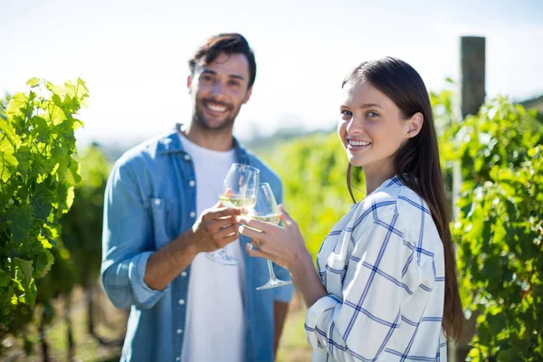 Paar prostet Weingläser zu — Stockfoto