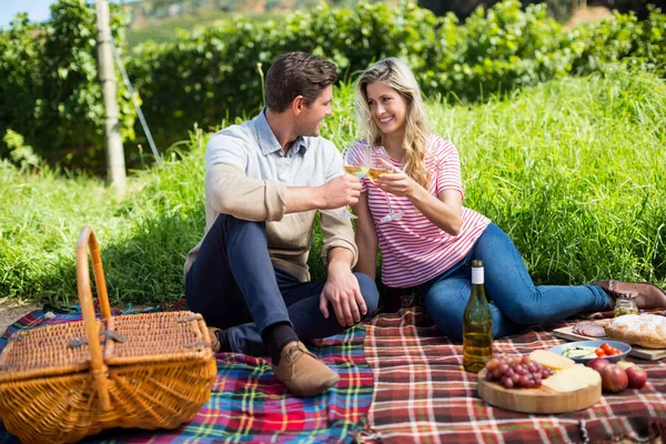 Coppia bicchieri da vino tostati su coperta da picnic — Foto Stock