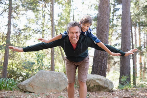 Vader meeliften zoon tijdens het wandelen in het bos — Stockfoto