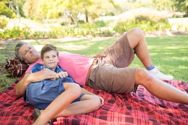 Отец и сын лежат на одеяле для пикника — стоковое фото