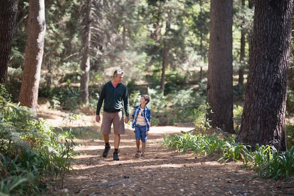 Vater und Sohn spazieren zwischen Bäumen — Stockfoto
