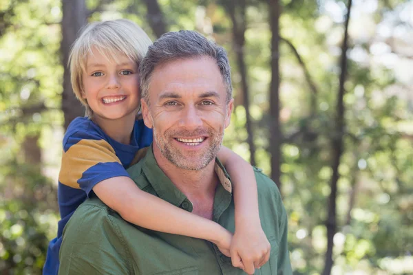 Father piggybacking son in forest — Stock Photo, Image