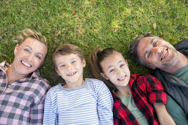 Rodina ležet na trávě v parku — Stock fotografie