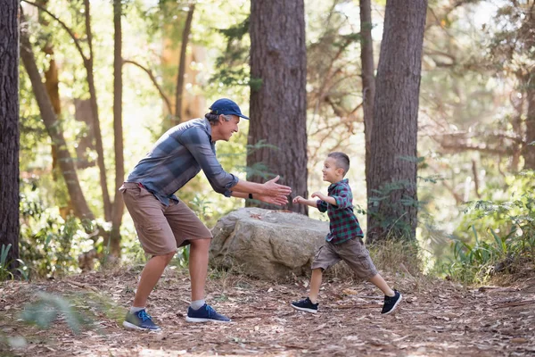 Verspielter Vater und Sohn wandern im Wald — Stockfoto