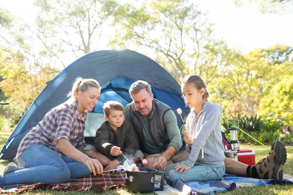 Marshmallow arrostiti in famiglia fuori dalla tenda — Foto Stock