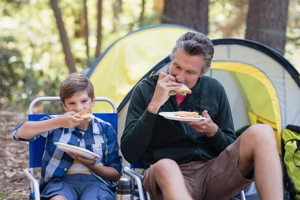 Vader en zoon eten sandwich in bos — Stockfoto