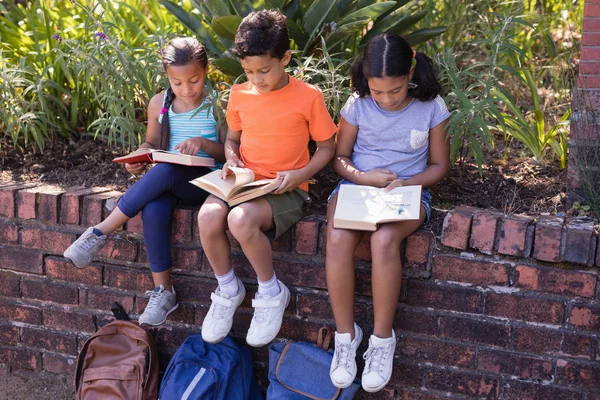 Amigos leyendo libros mientras están sentados en el muro de contención — Foto de Stock