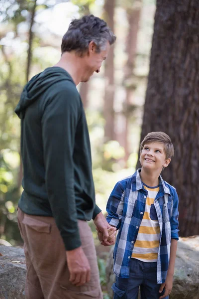 Jongen en vader kijken elkaar in bos — Stockfoto