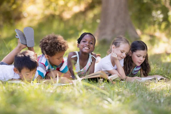 Amis lisant des livres tout en étant couché sur un terrain herbeux — Photo