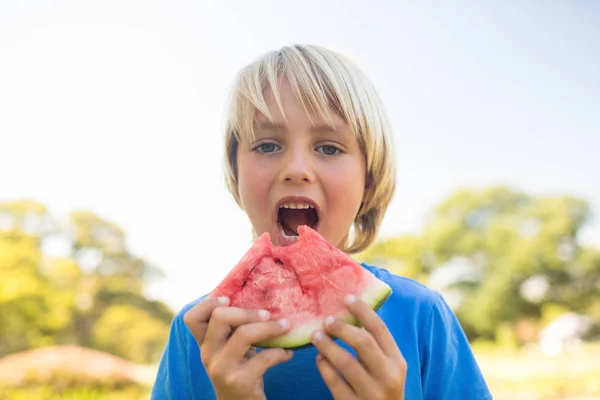 Pojke med vattenmelon i parken — Stockfoto