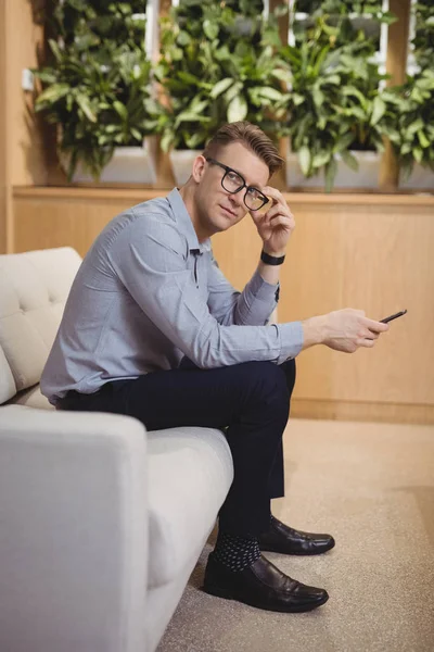 Executivo sentado no sofá e usando telefone — Fotografia de Stock