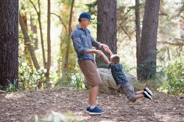 Padre balanceándose pequeño hijo en el bosque —  Fotos de Stock