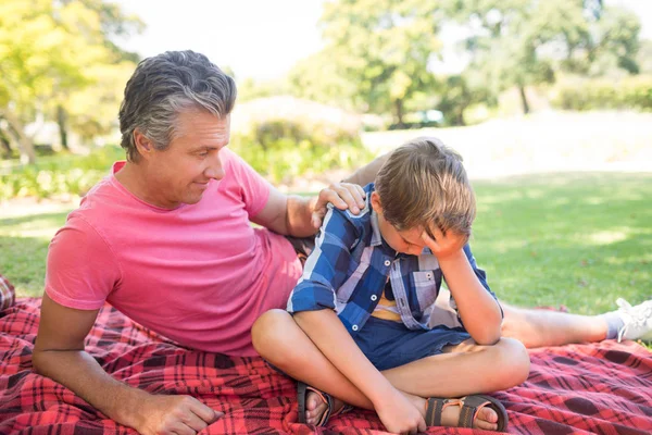 Padre consolando a su hijo en el picnic en el parque —  Fotos de Stock