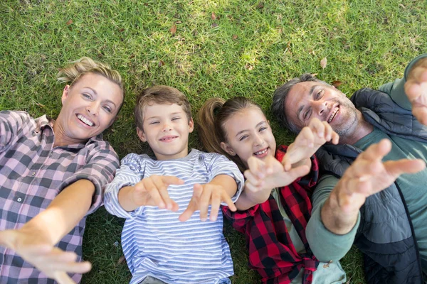 Семья лежит на траве и делает жесты руками — стоковое фото