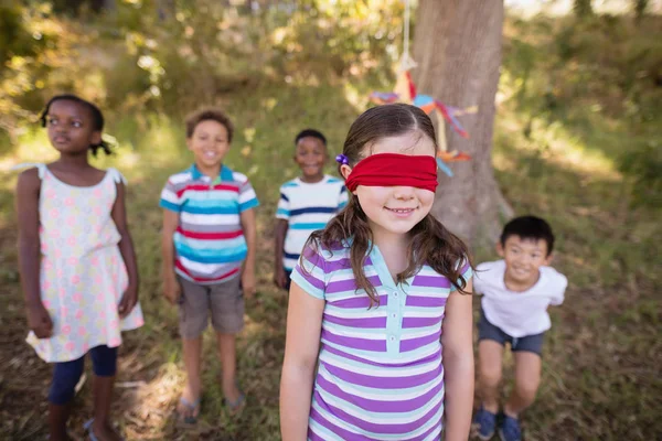 Amigos olhando para a menina de olhos vendados em pé na floresta — Fotografia de Stock