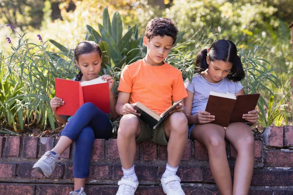 Friends reading books while sitting on retaining wall Stock Image